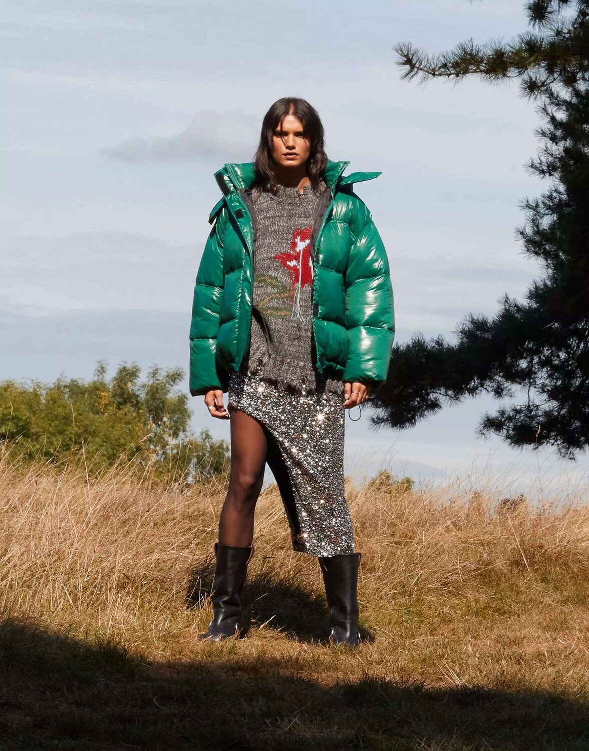 

Зеленая объемная куртка-пуховик средней длины Topshop со съемным капюшоном, Зеленый