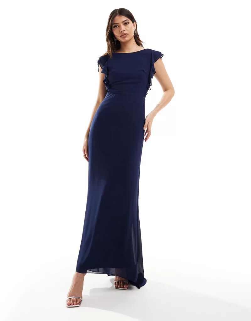 Темно-синее шифоновое платье макси TFNC Bridesmaids с узлом сзади и развевающимися рукавами