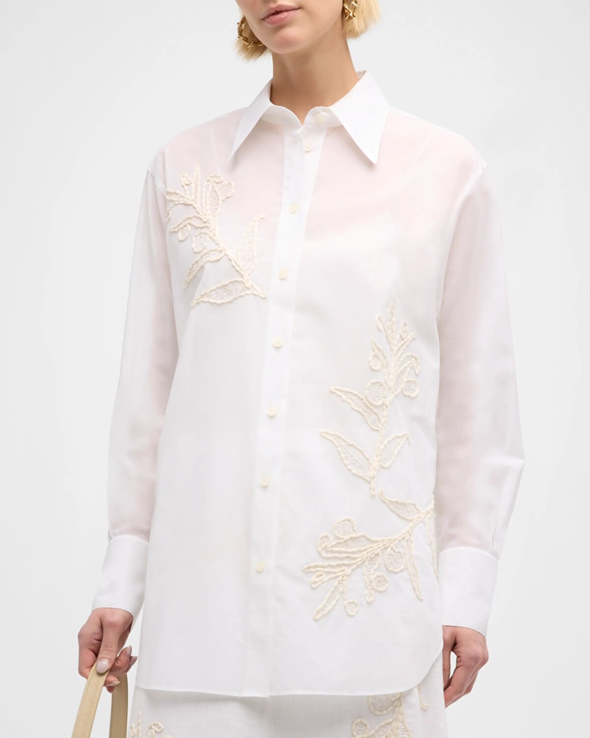 

Рубашка оверсайз с вышивкой из хлопковой вуали Lafayette 148 New York, цвет White