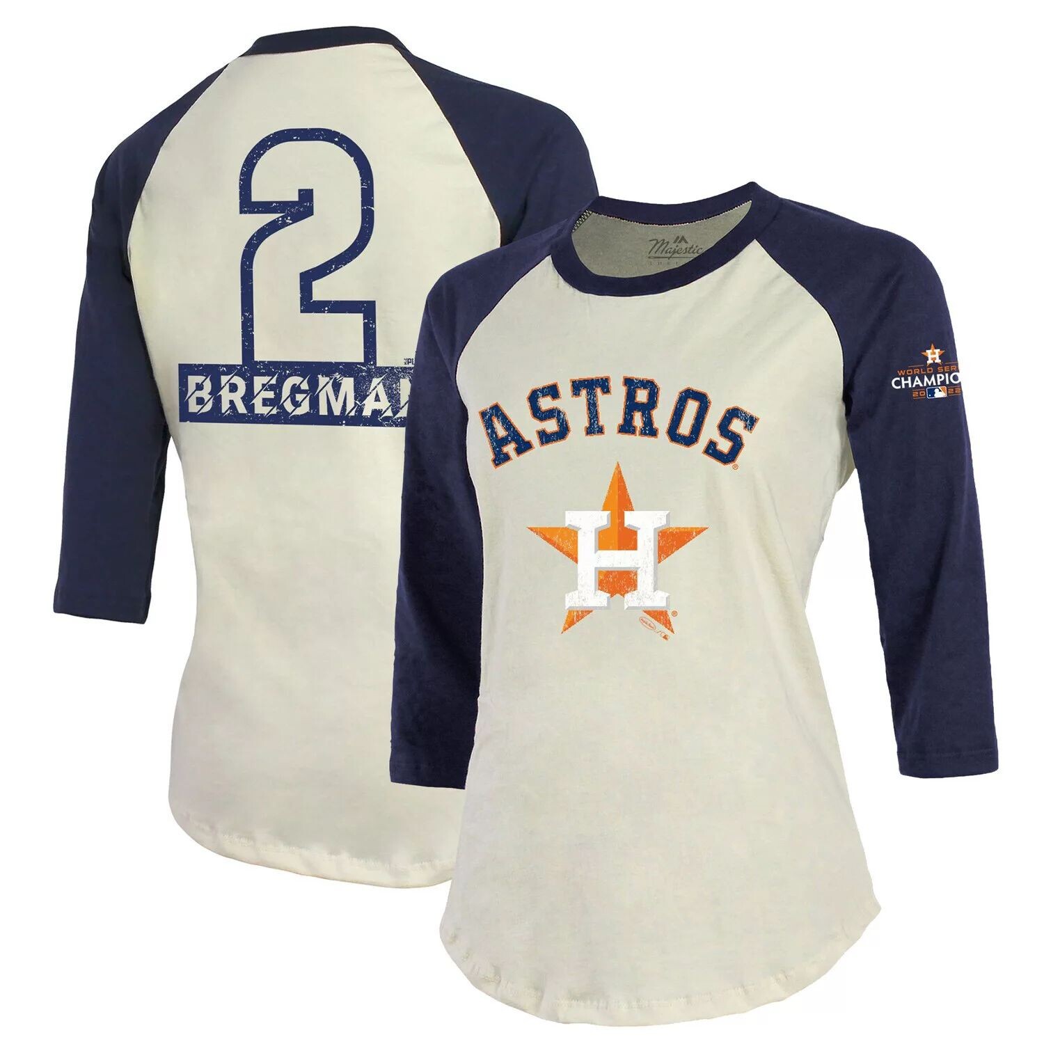 

Женская футболка Majestic Threads Alex Bregman кремового/темно-синего цвета Houston Astros World Series Champions 2022 с именем и номером, мягкая футболка с рукавами реглан 3/4 Majestic, Синий