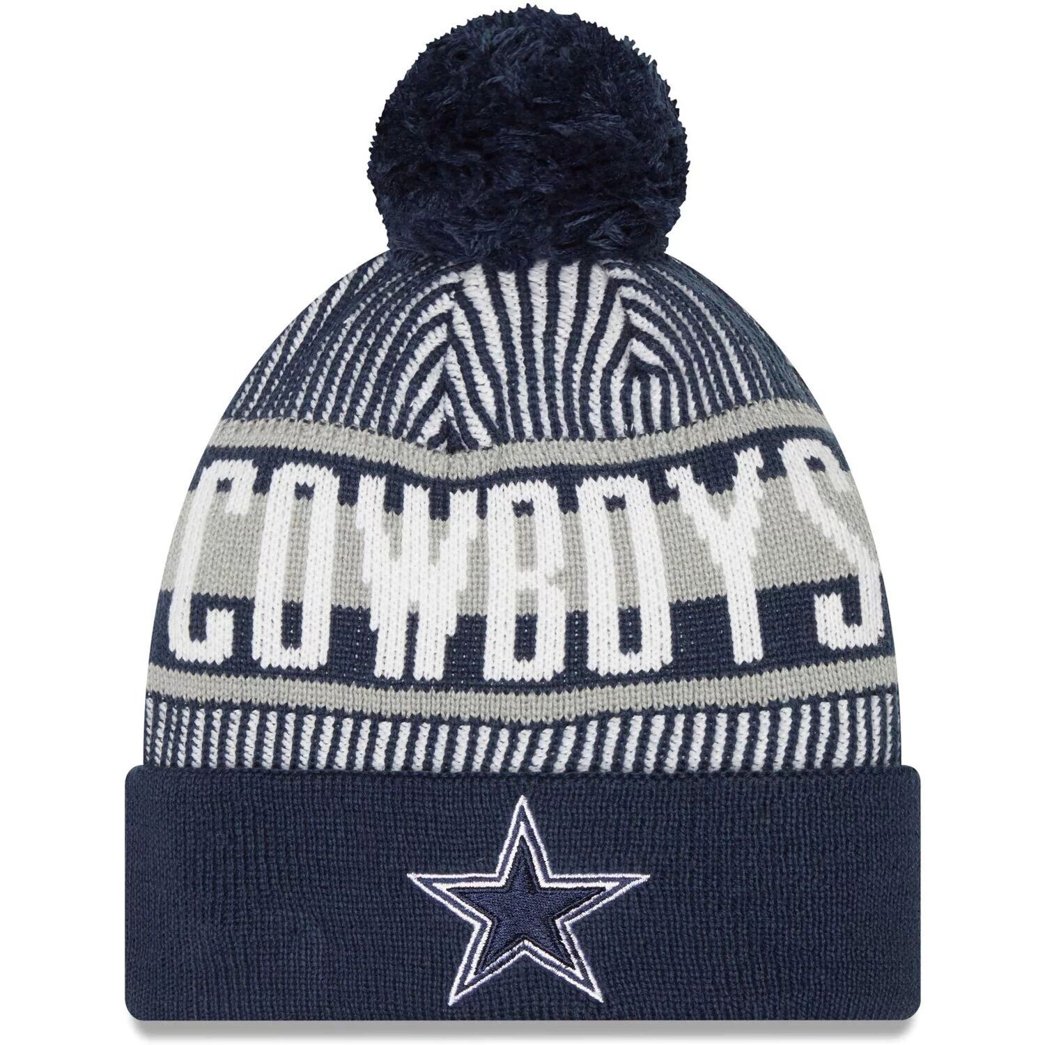 

Мужская вязаная шапка New Era Navy Dallas Cowboys в полоску с манжетами и помпоном