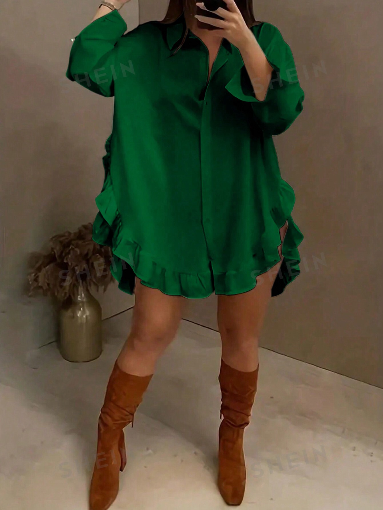 SHEIN Privé женская однотонная рубашка с отложным воротником и рюшами на подоле, зеленый