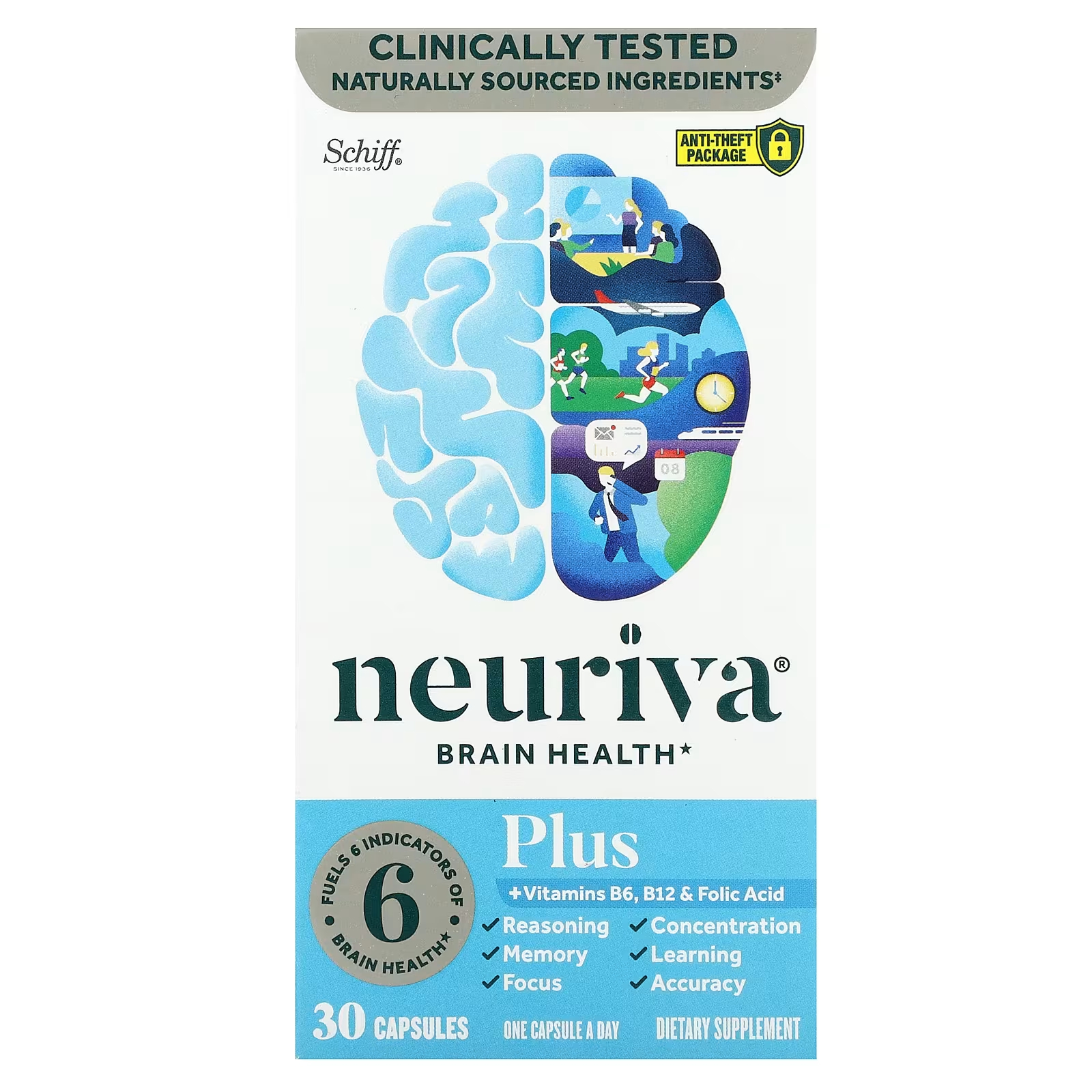 Schiff Neuriva Brain Health Plus, витамины B6, B12 и фолиевая кислота, 30 капсул