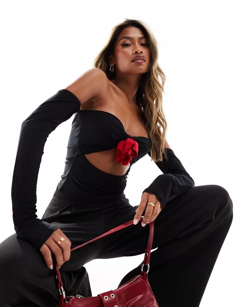 

Черный кружевной топ с вырезами и корсажем ASOS