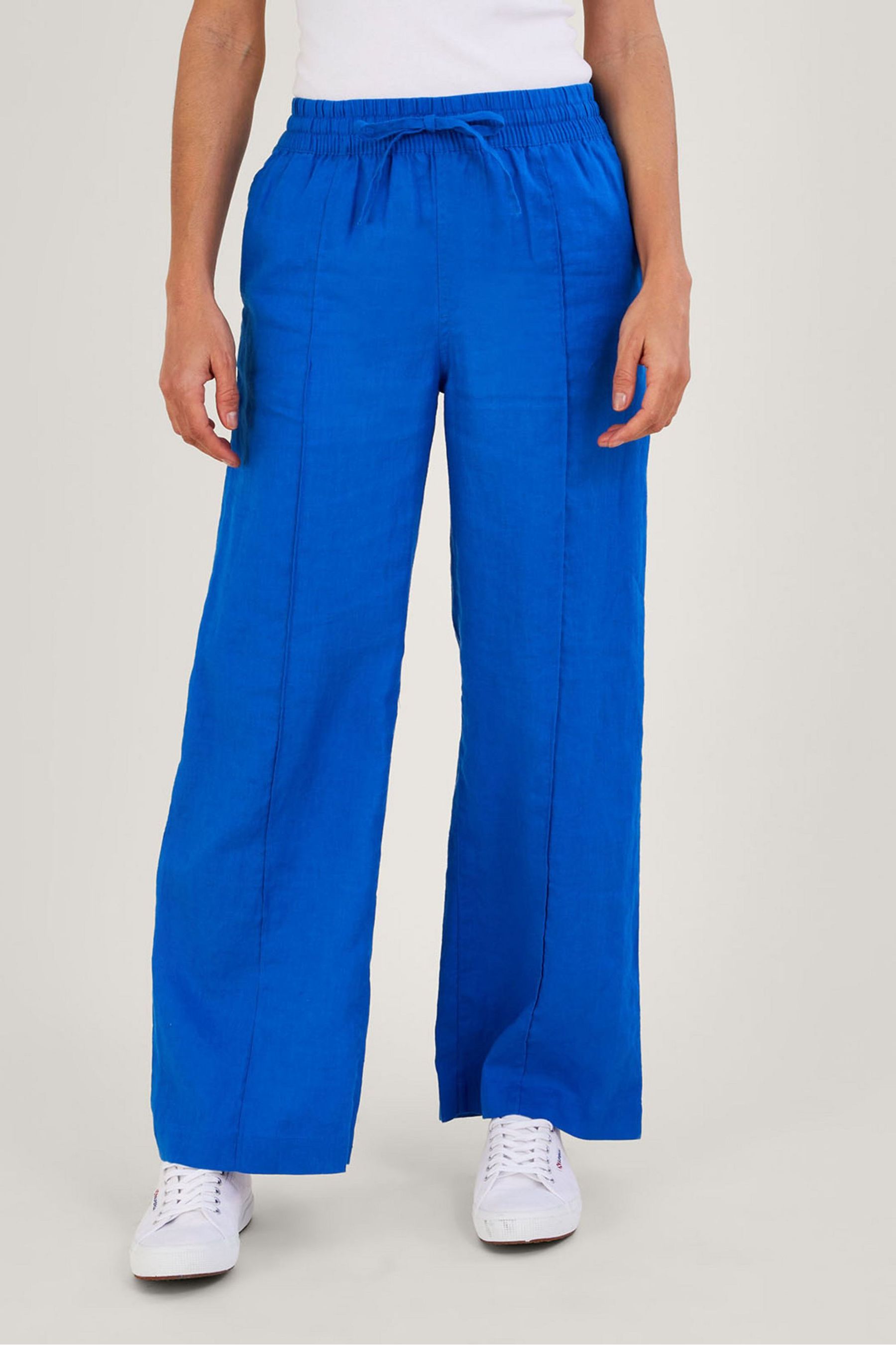 Синие льняные брюки без застежки с широкими штанинами Monsoon, синий