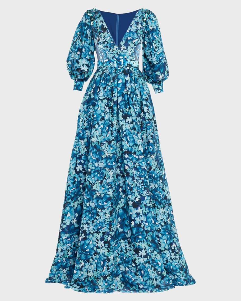 

Плиссированное платье с пышными рукавами и цветочным принтом Badgley Mischka Collection