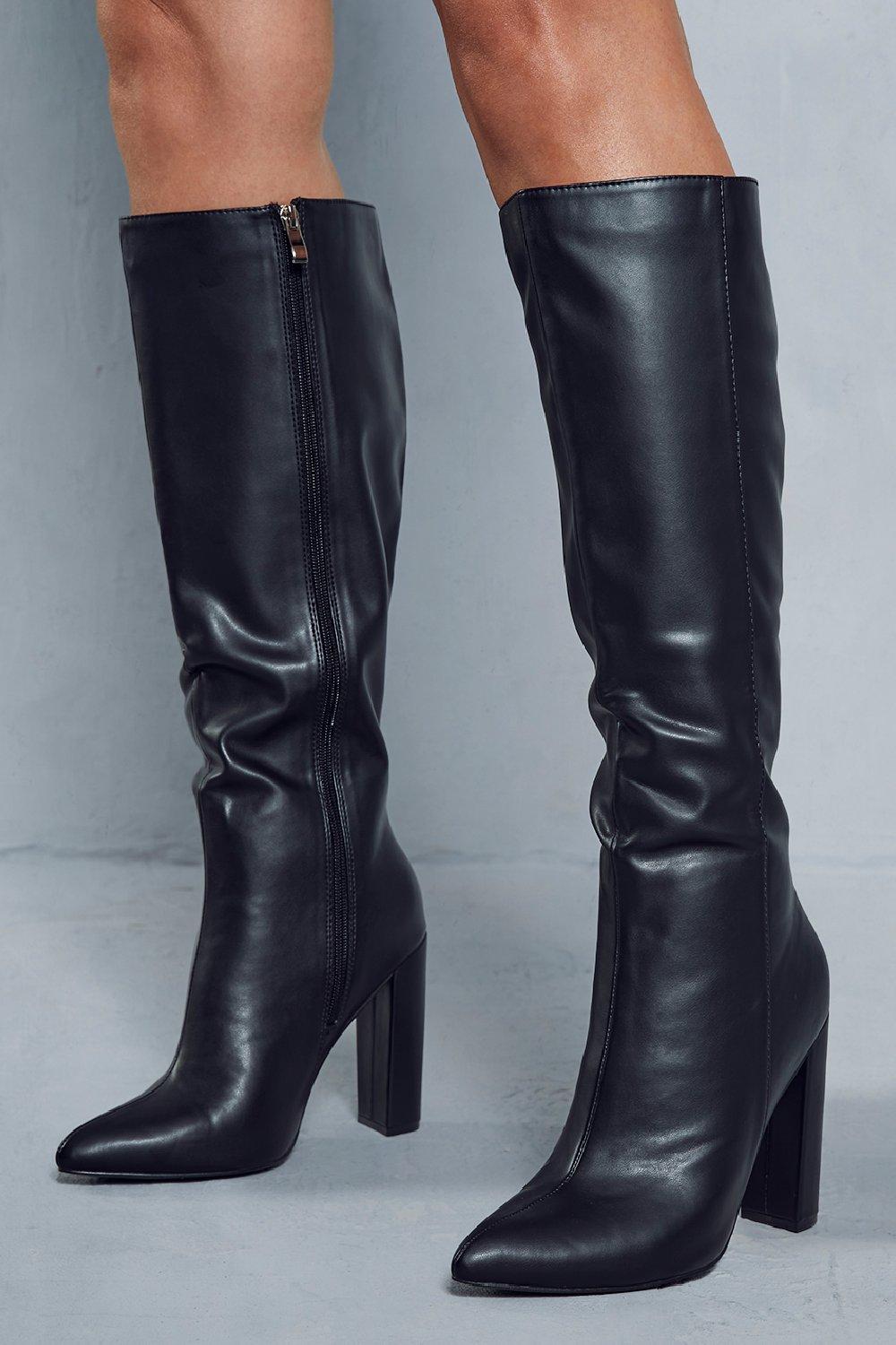 Кожаные сапоги до колена на блочном каблуке MISSPAP, черный кожаные ботинки на платформе и блочном каблуке misspap черный