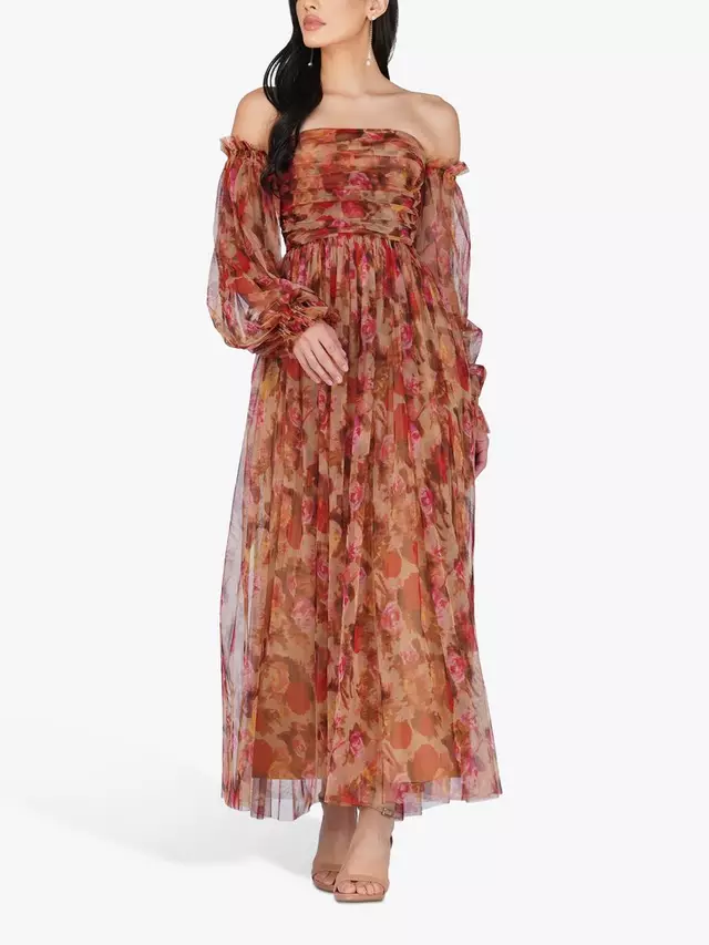 

Платье Lace & Beads Lana Tulle Floral Maxi, цвет brown/multi