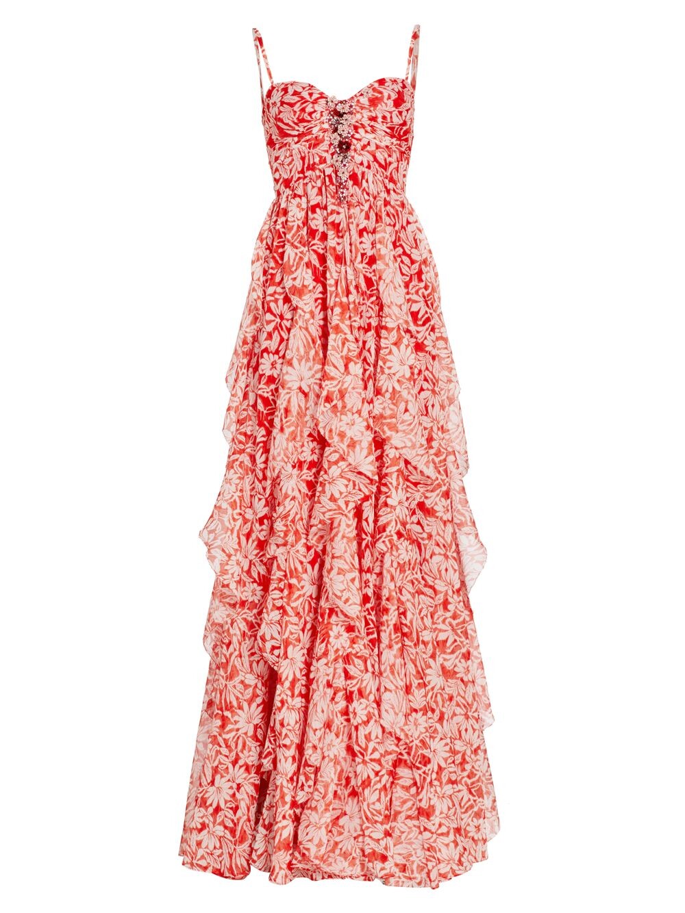 

Украшенное платье с цветочным принтом и оборками Badgley Mischka, красный