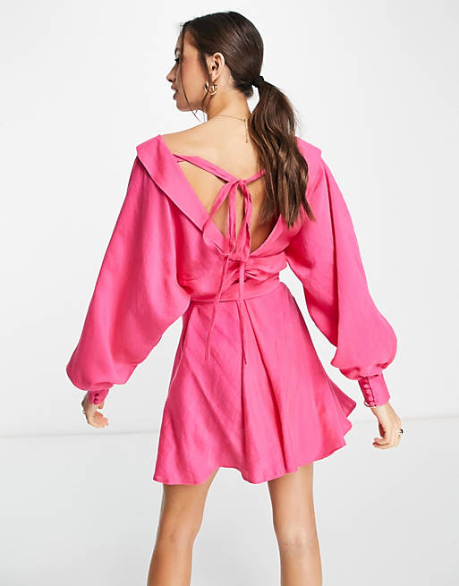 Розовое платье-рубашка мини с открытыми плечами и завязками ASOS DESIGN из стираной ткани