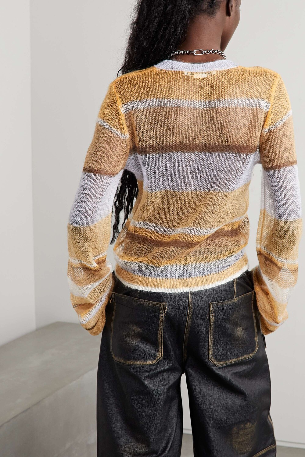 

ACNE STUDIOS Полосатый свитер ажурной вязки из смесового мохера, коричневый