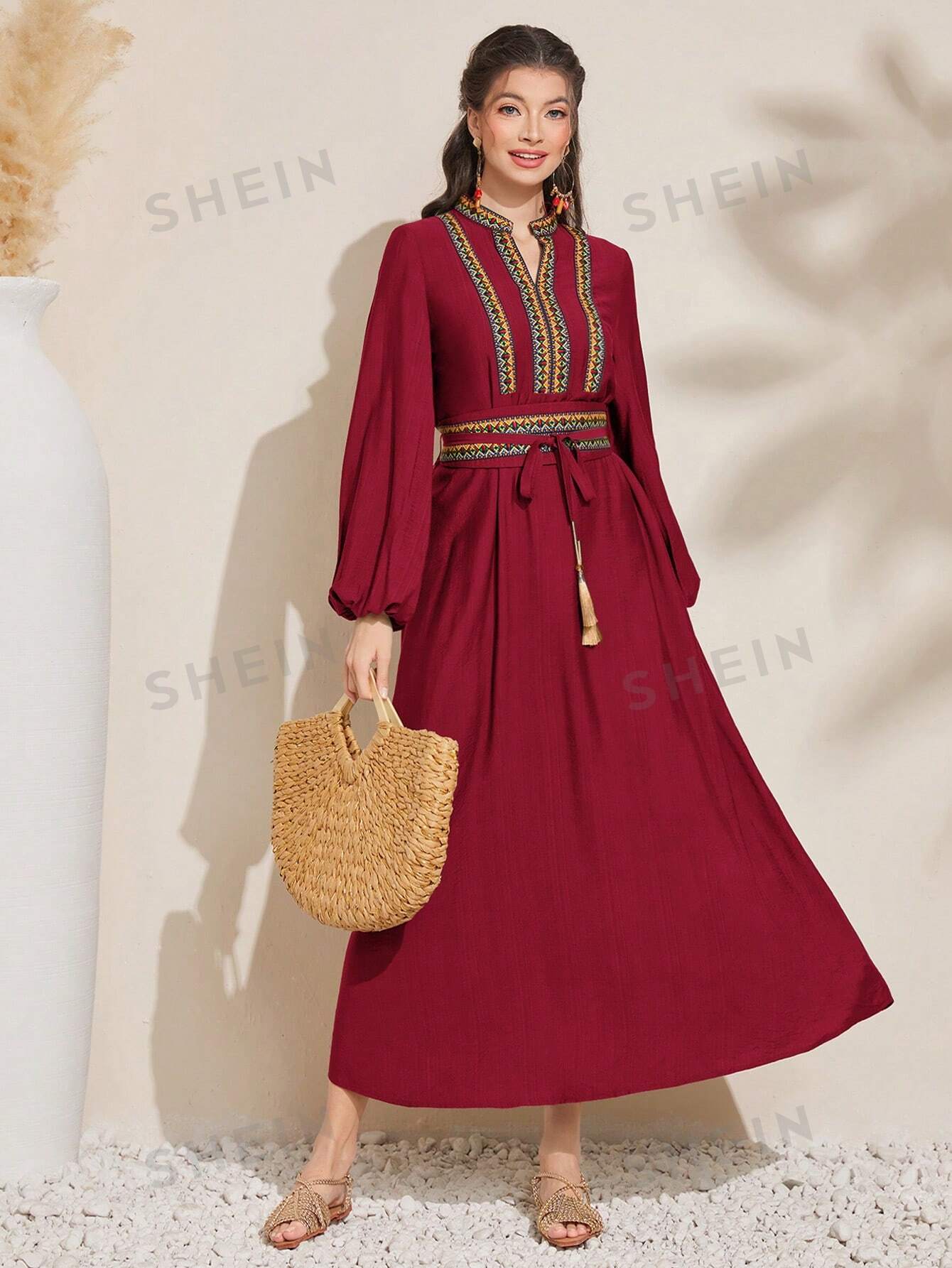 SHEIN Mulvari Женское платье с вырезом и геометрическим узором, бургундия