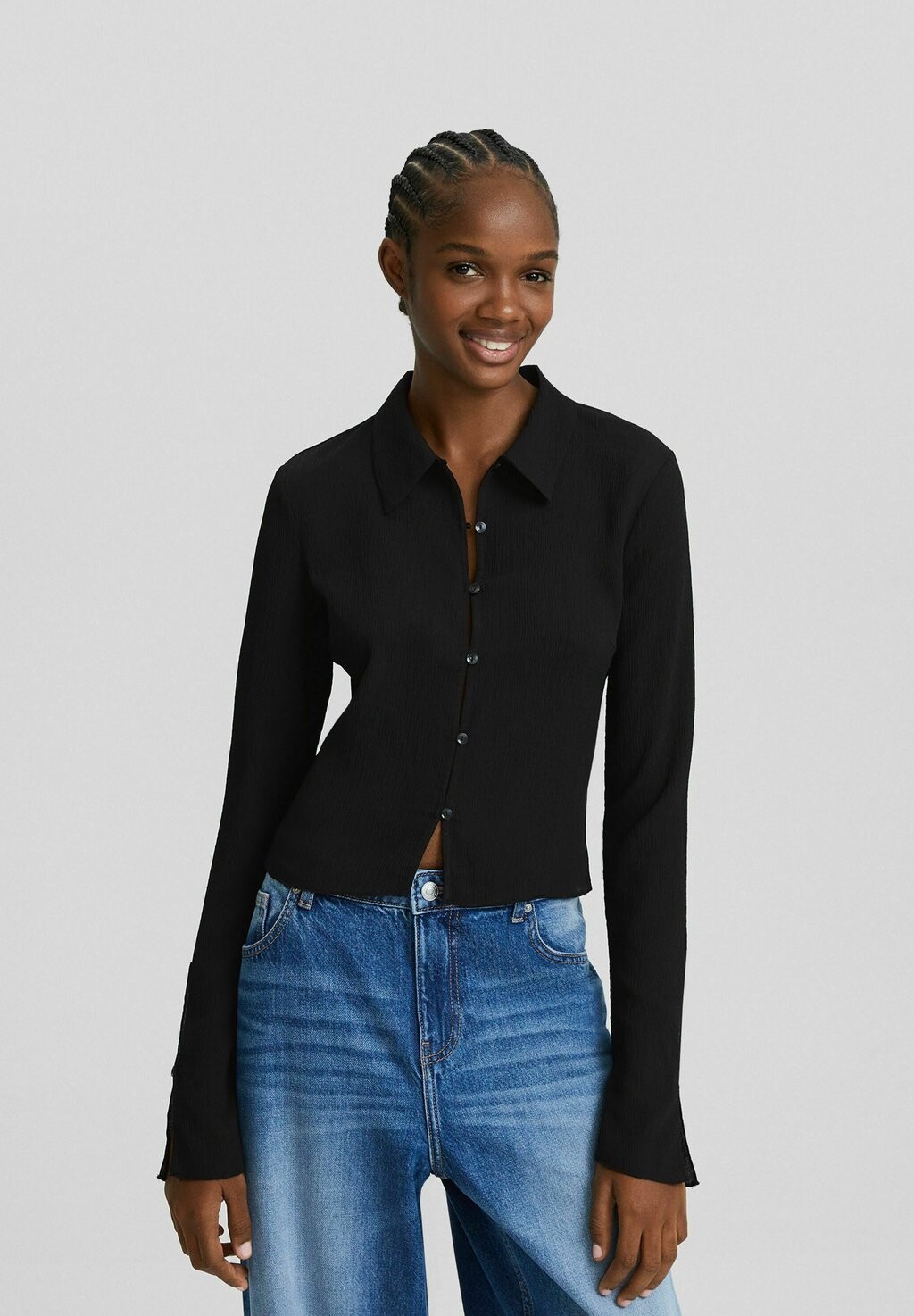 

Рубашка Long Sleeve Cropped Waffle Bershka, черный