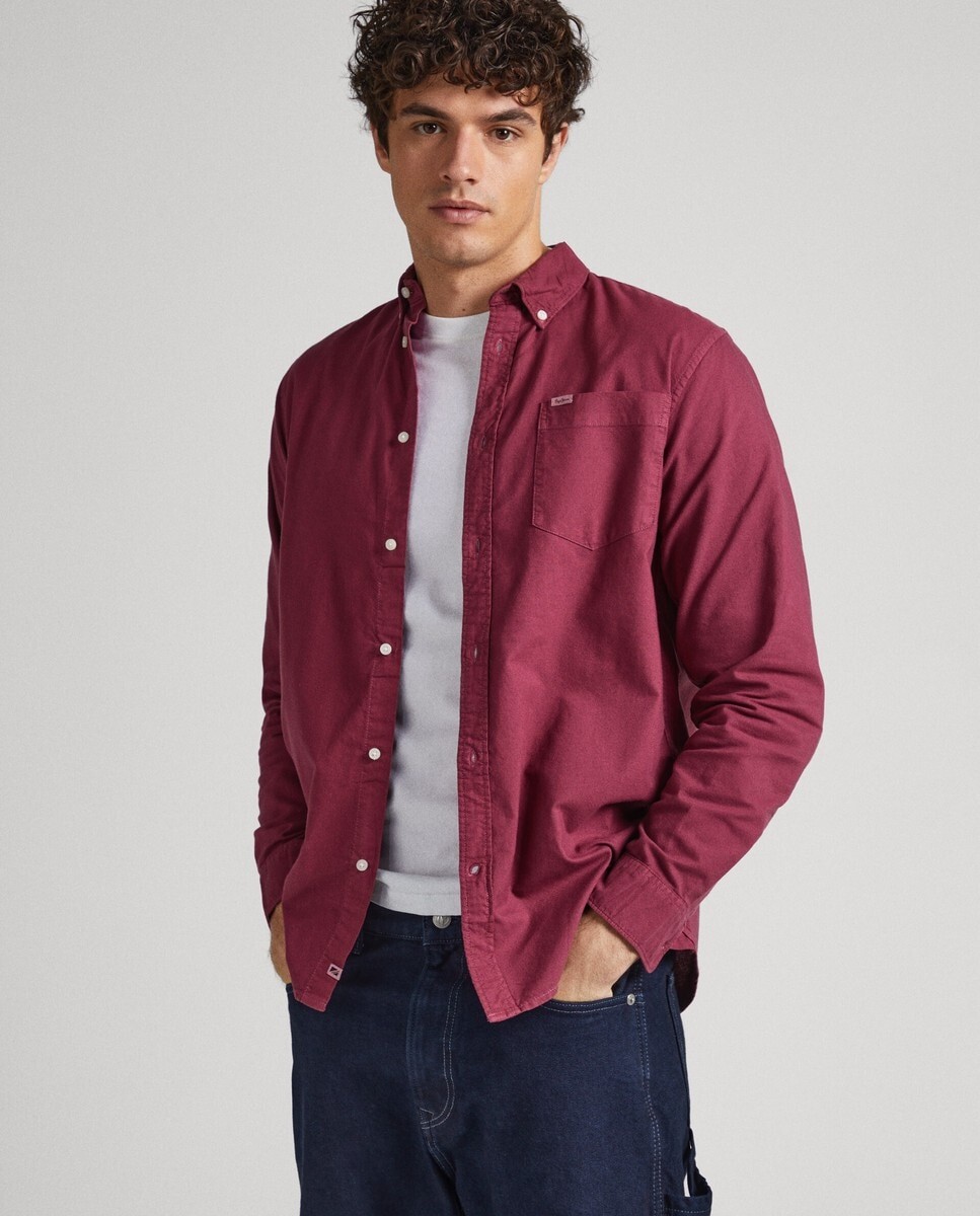 

Обычная однотонная мужская рубашка темно-бордового цвета Pepe Jeans, гранатовый