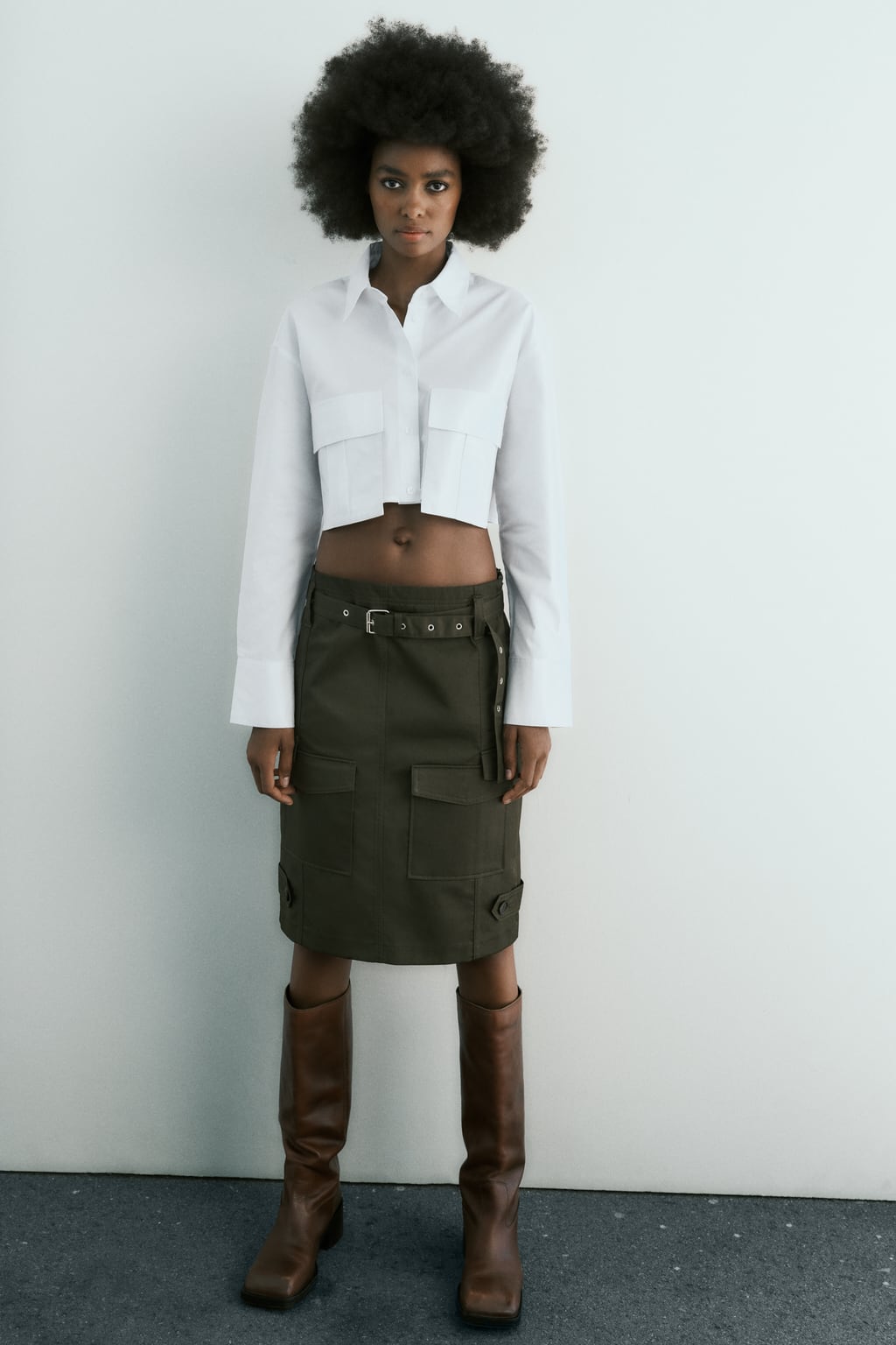 

Укороченная рубашка из габардиновой ткани ZARA, белый