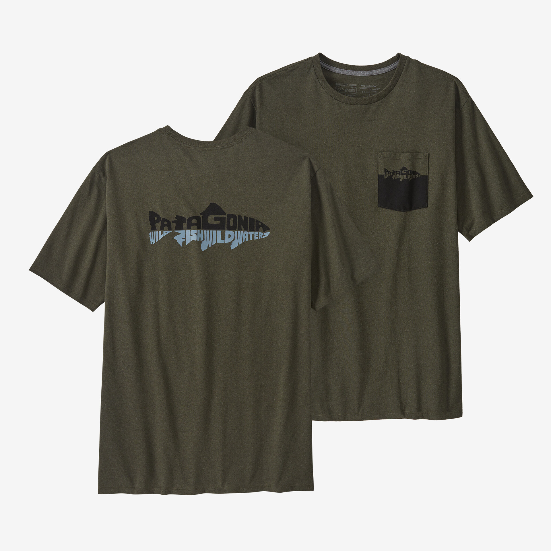Мужская ответственная футболка с карманом Wild Waterline Patagonia, цвет Basin Green мужская ответственная футболка с логотипом и карманом patagonia серый