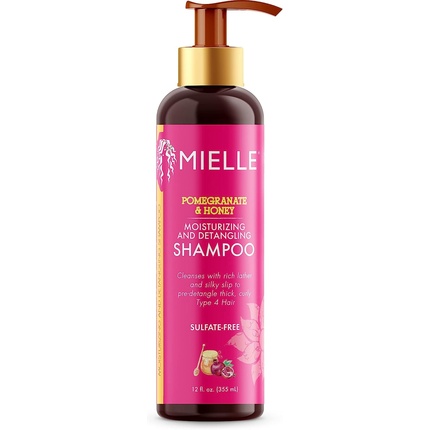 Увлажняющий, распутывающий шампунь без сульфатов «Гранат и мед» для вьющихся волос 4-го типа, 355 мл, Mielle Organics