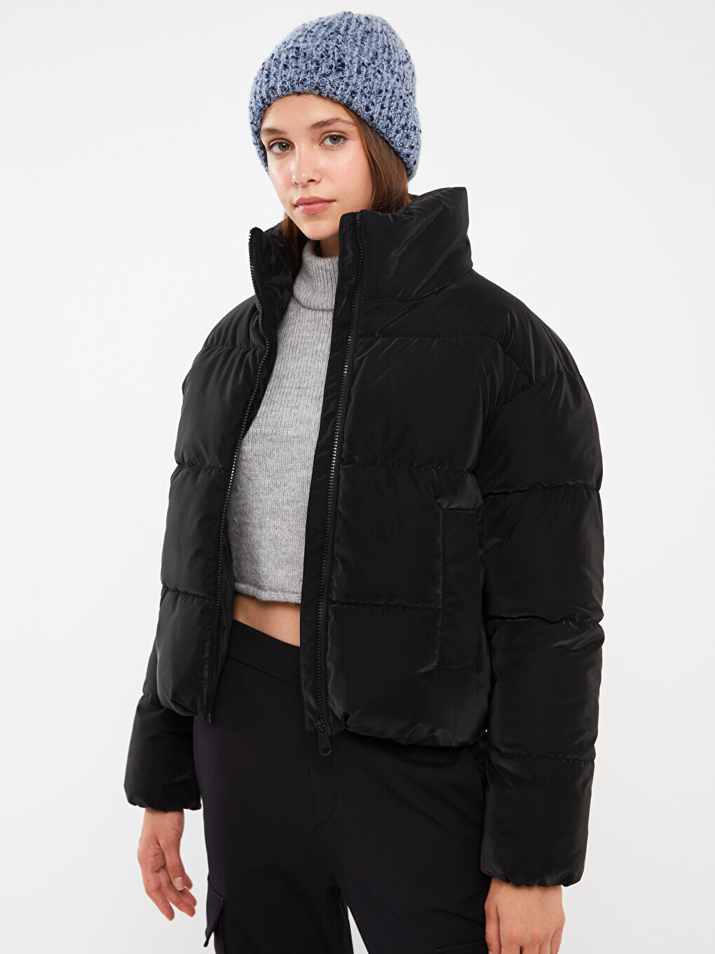 

Однотонное женское пуховое пальто с воротником-стойкой и длинными рукавами LCW Casual, новый черный