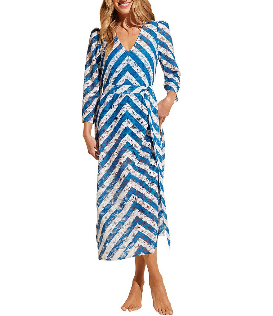 STYLEST AQUALACE Купальное платье-кафтан в полоску с шевронными рукавами и пышными рукавами и поясом, синий
