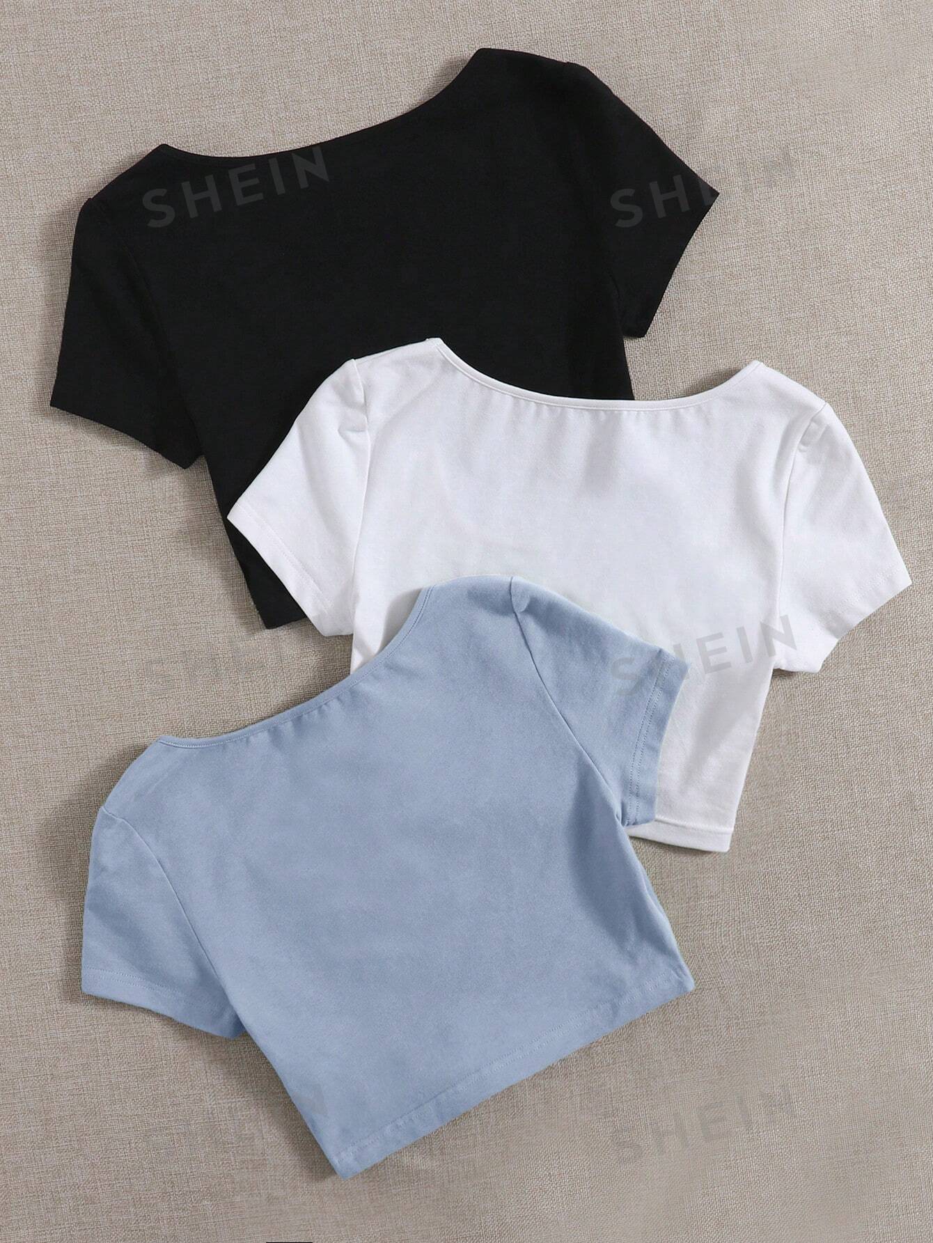 цена SHEIN EZwear 3 шт. однотонная приталенная футболка с круглым вырезом и короткими рукавами, пыльный синий