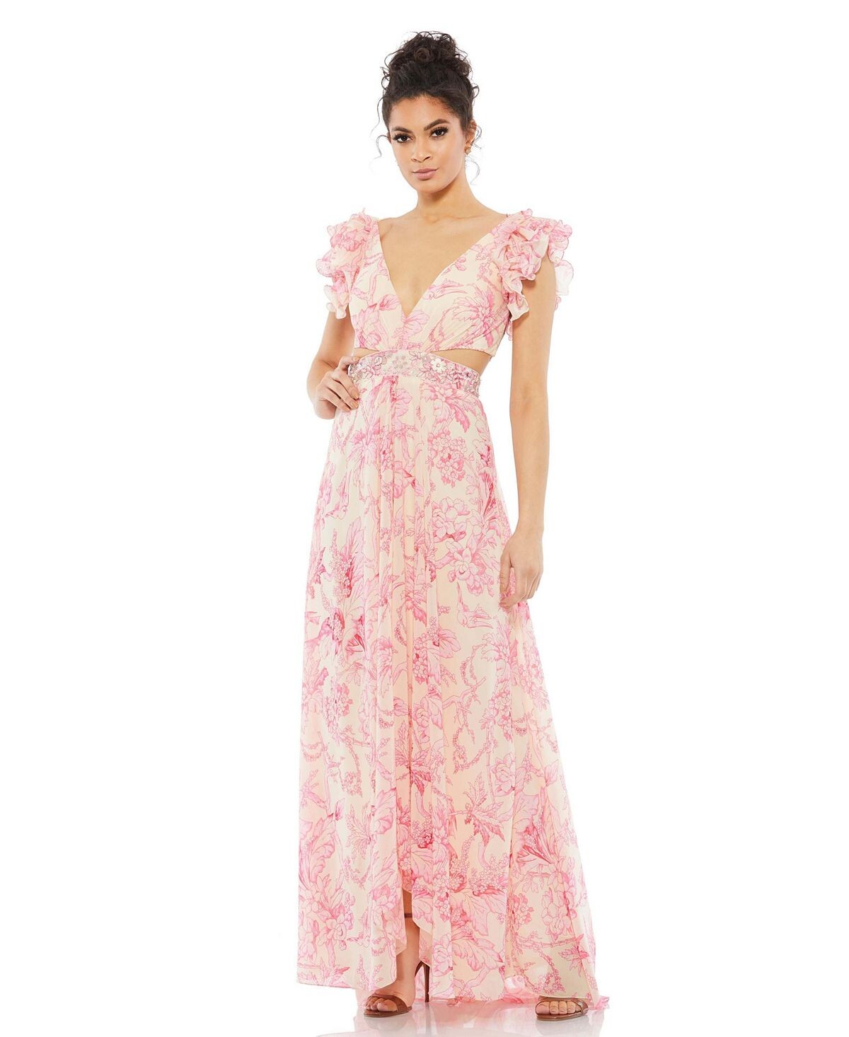 

Женское платье Ieena с цветочным принтом, рюшами и шнуровкой на плечах MAC DUGGAL