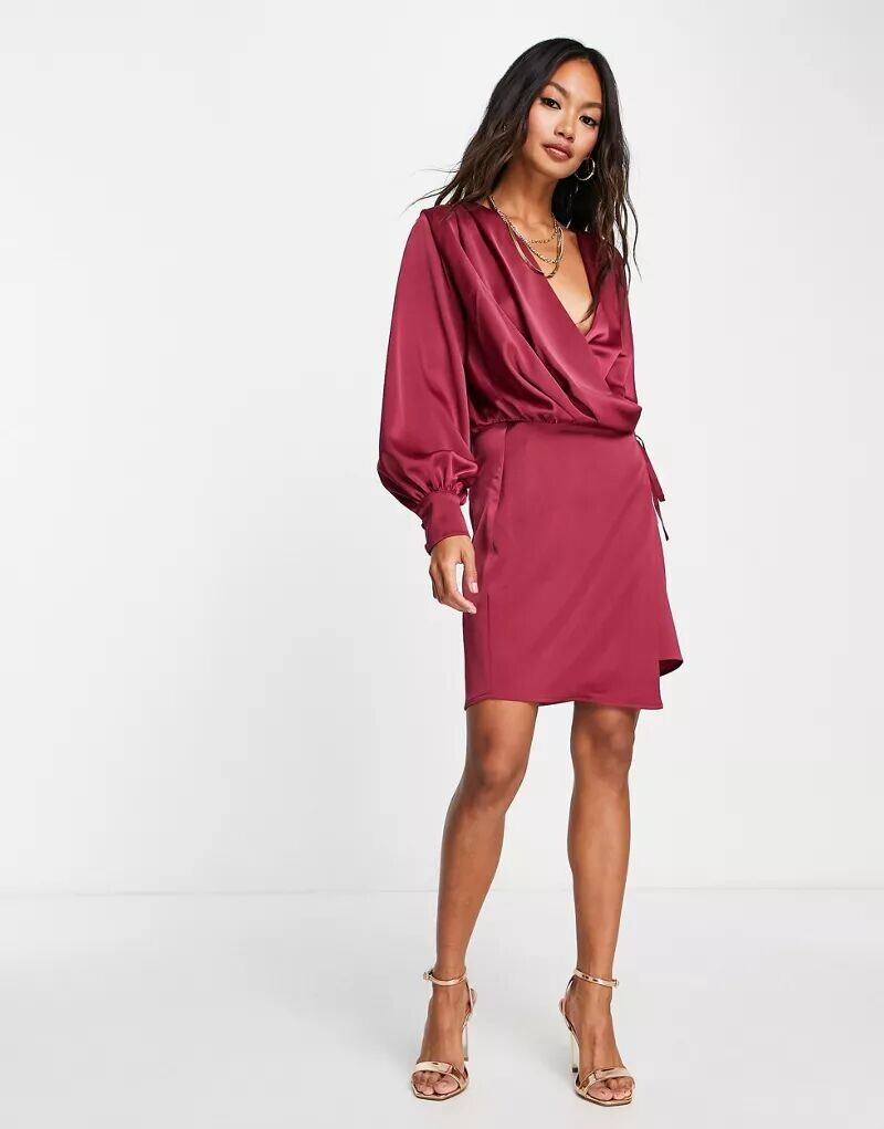 

Бордовое короткое атласное платье с запахом и завязками ASOS