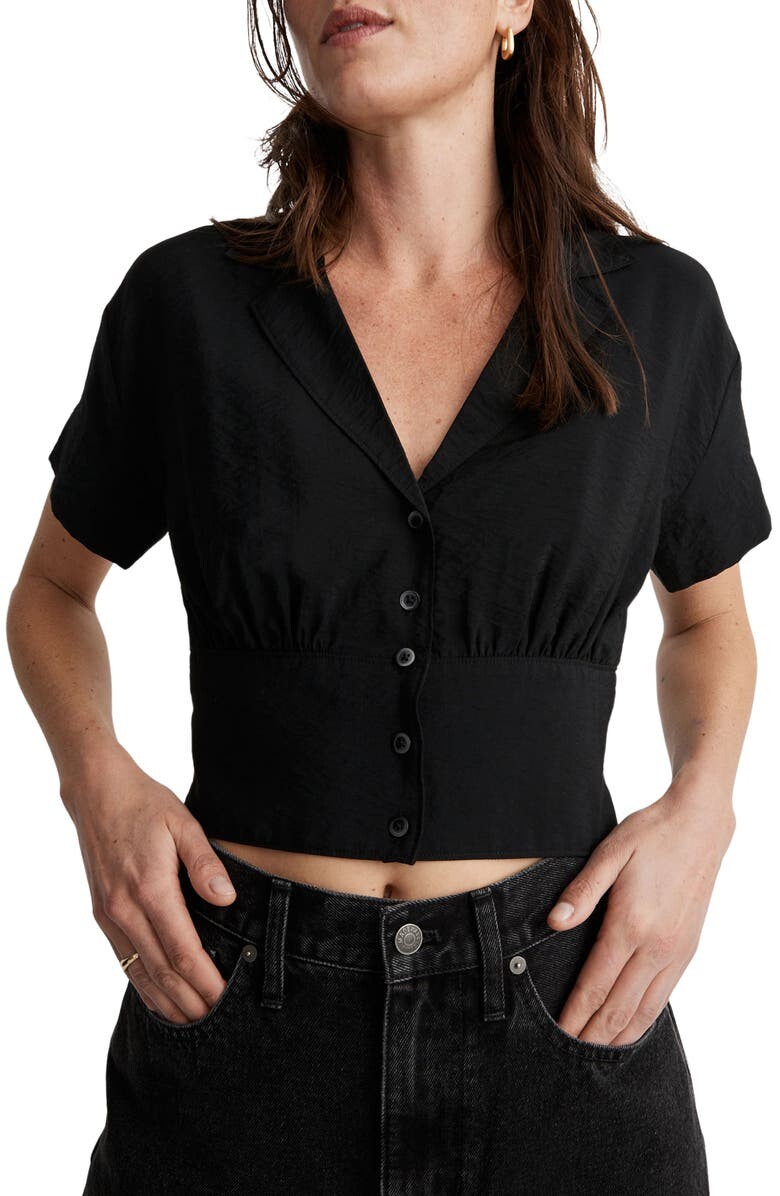 

Топ на пуговицах с драпировкой и полосками по низу MADEWELL, черный
