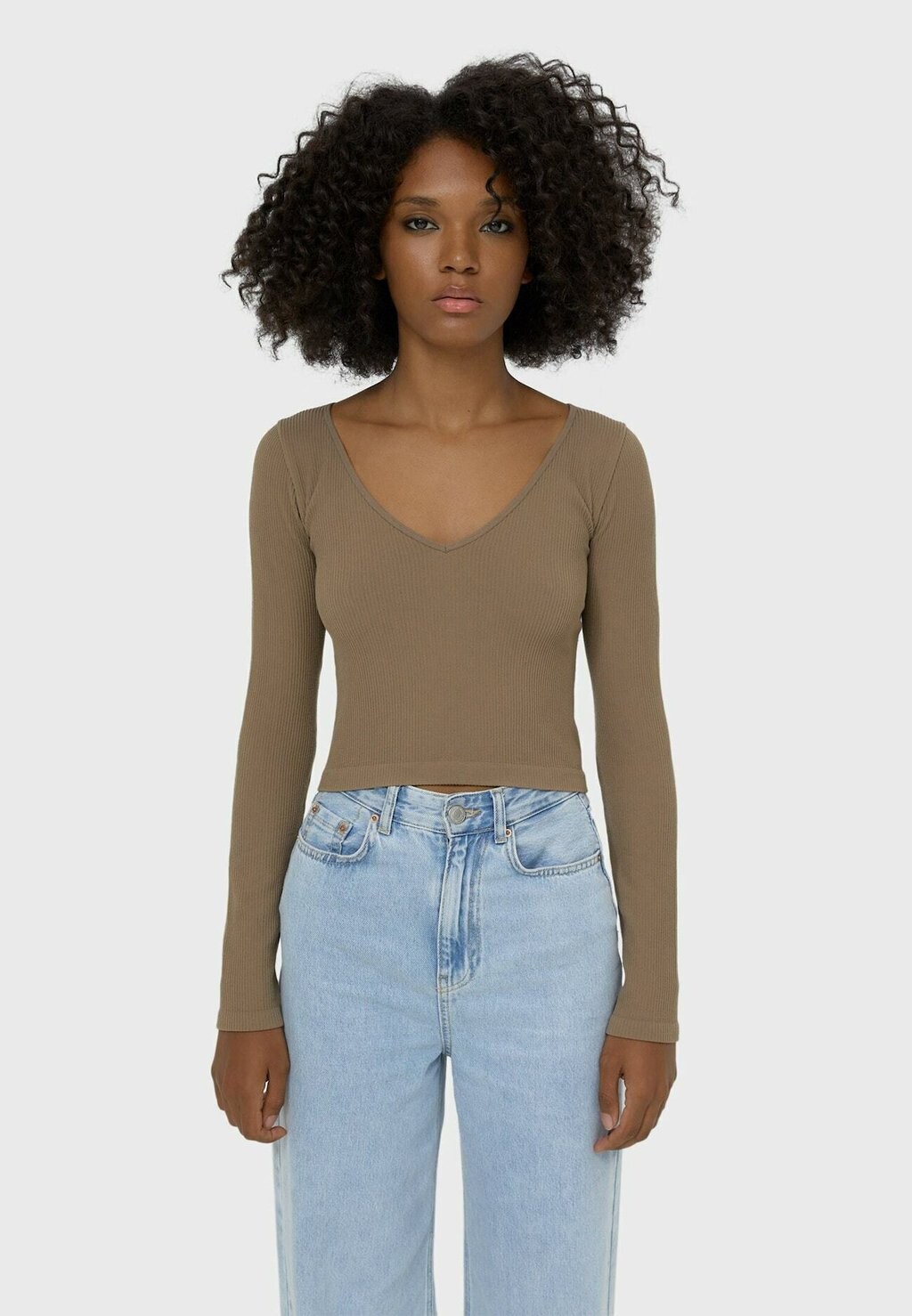

Футболка с длинным рукавом Stradivarius, коричневая, Коричневый