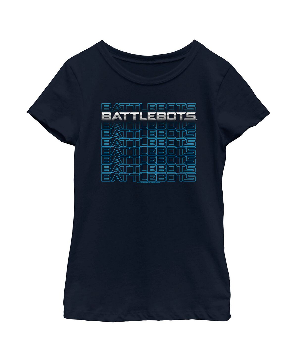 

Детская футболка серебристого и синего цвета с логотипом Stack для девочек Battlebots