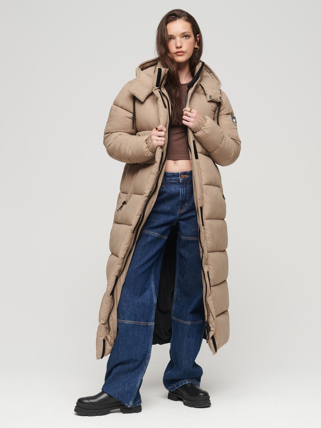 

Длинная куртка-пуховик Superdry Ripstop, коричневая сетка Fossil