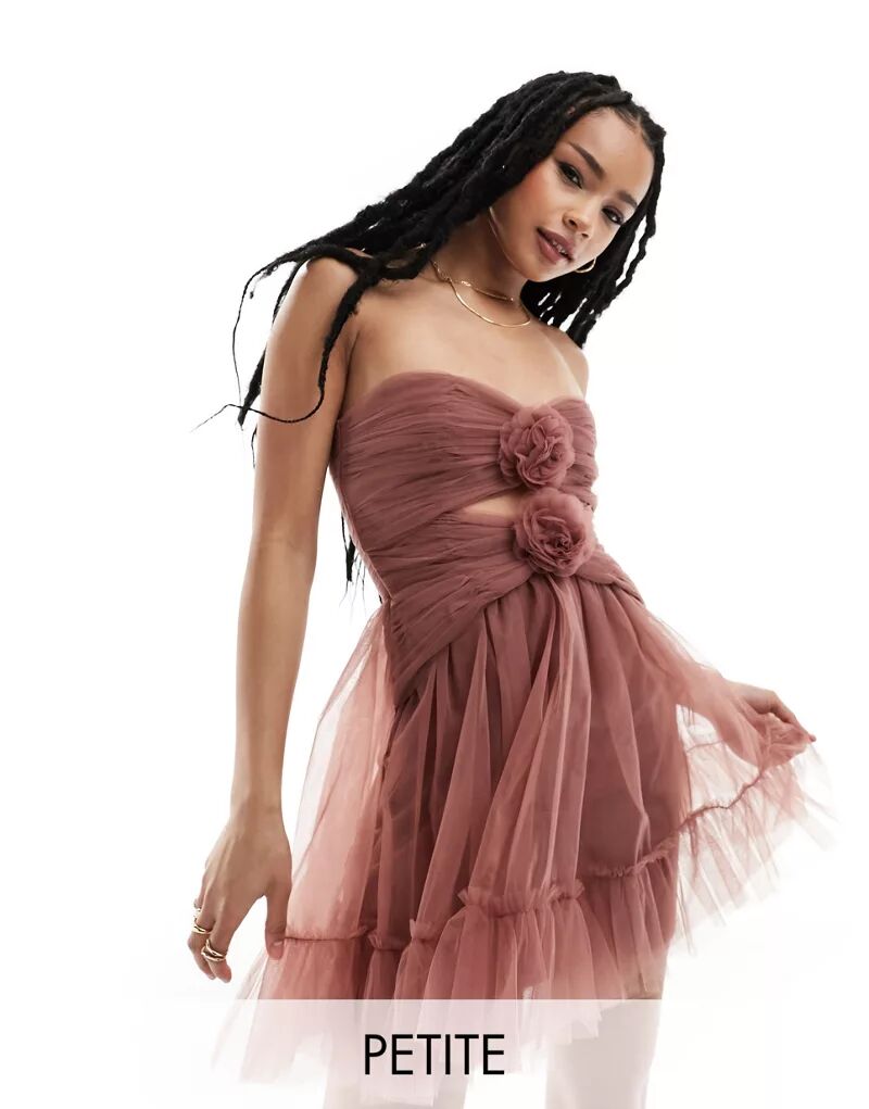 Розово-коричневое мини-платье с рюшами и розочкой Lace & Beads