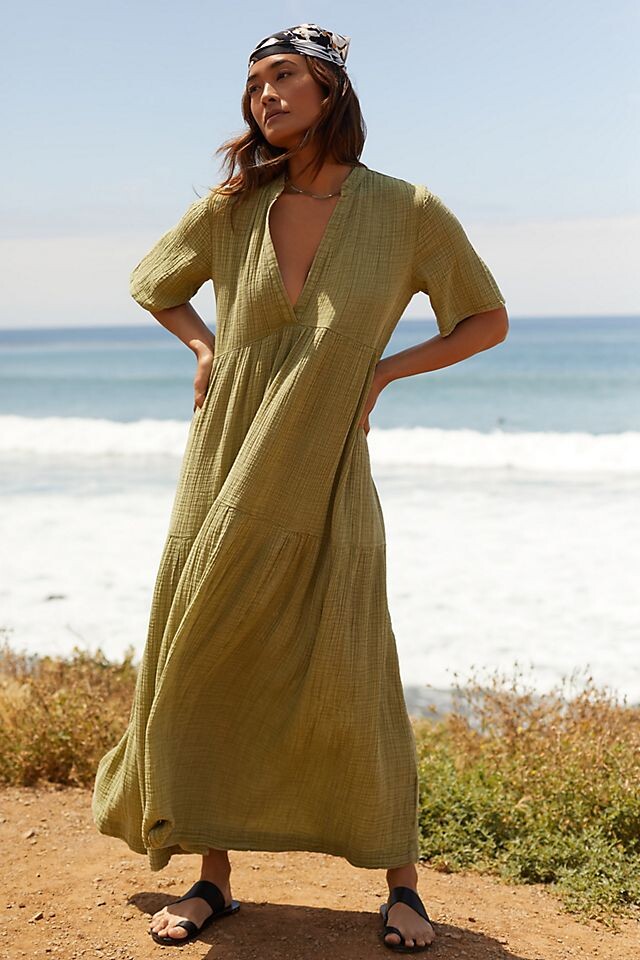 

Платье Anthropologie Kallie Flowy Maxi с V-образным вырезом, softened sage