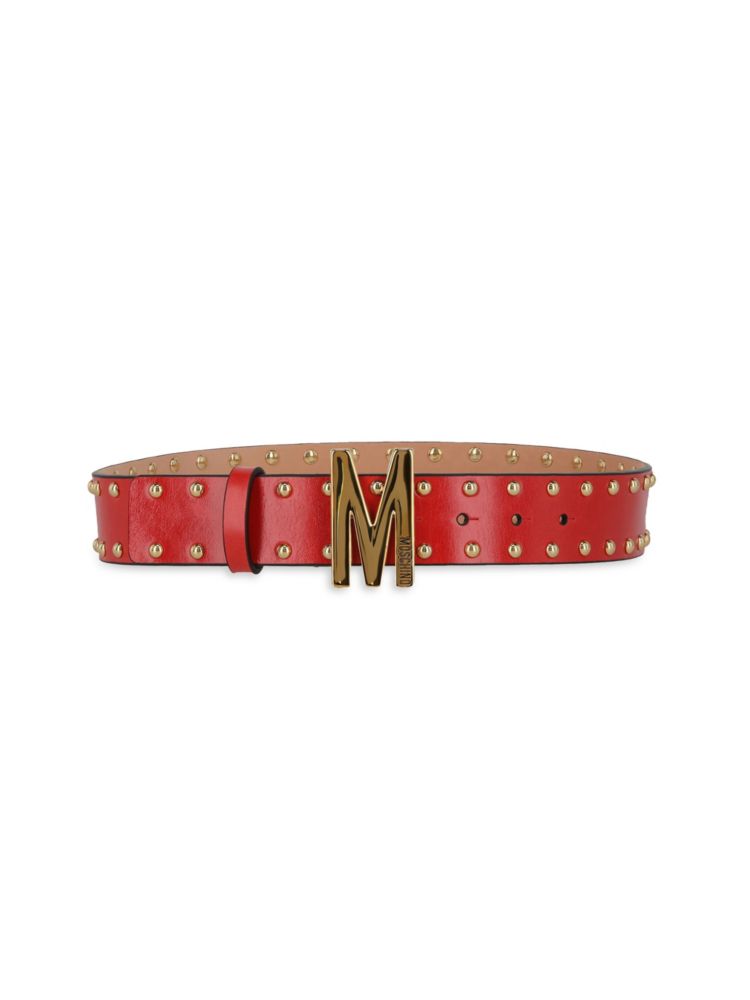 цена Тонкий кожаный ремень с заклепками и логотипом Moschino, красный