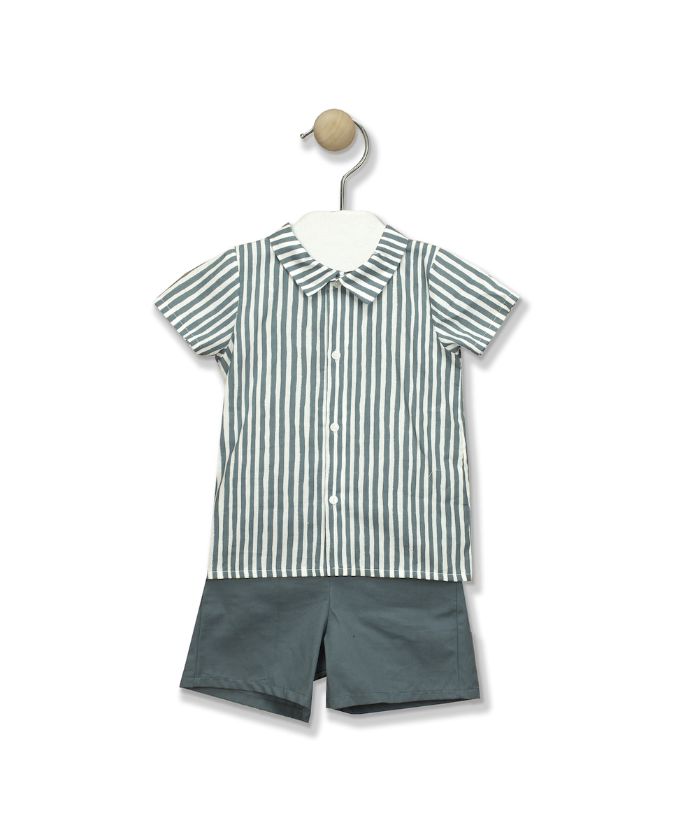 цена Короткий комплект для мальчика с полосатой рубашкой-поло с воротником BABIDÚ, темно-синий