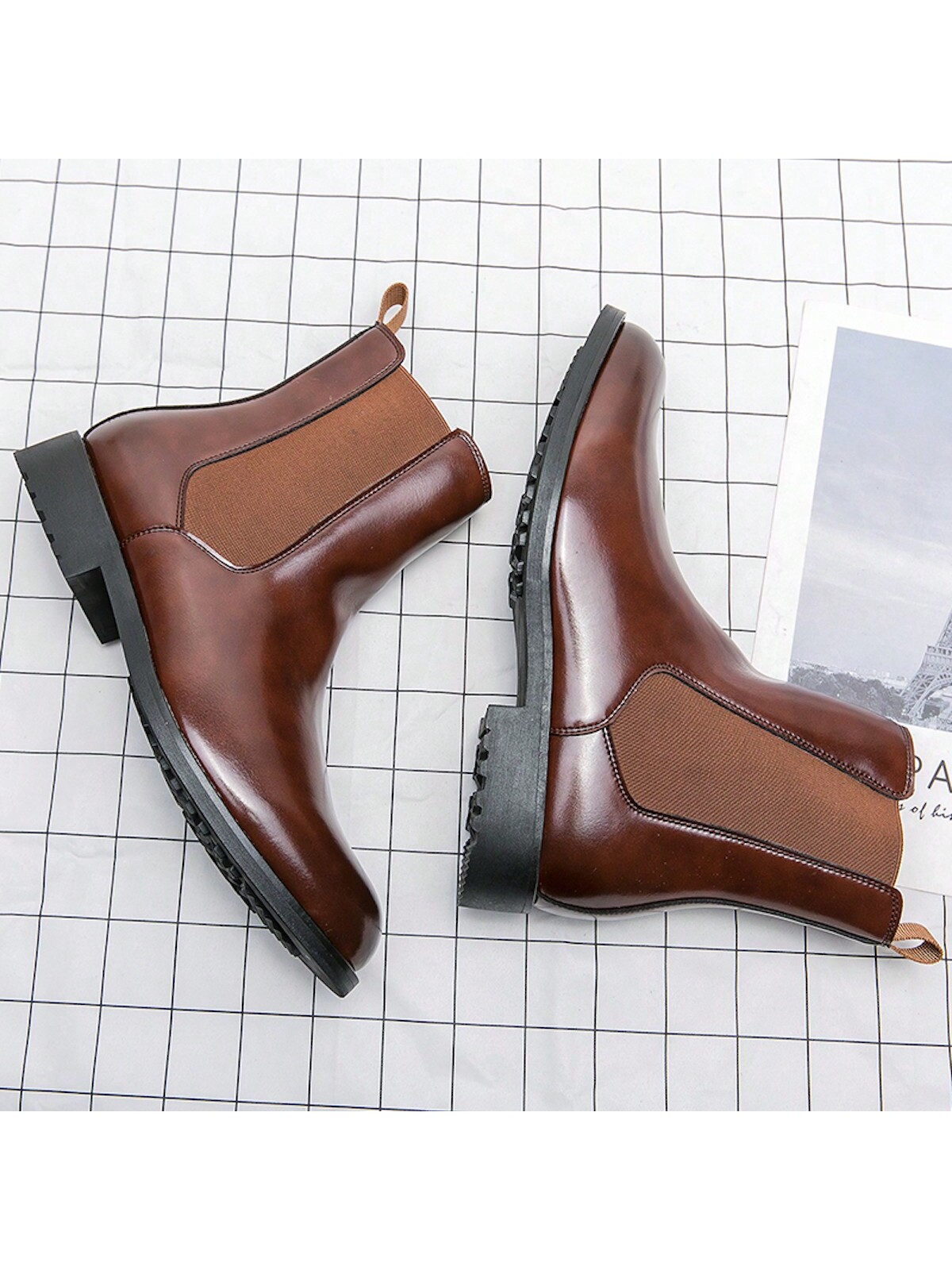 Мужская мода Ботинки Челси Высокие кожаные ботинки без шнуровки для зимнего тепла, коричневый