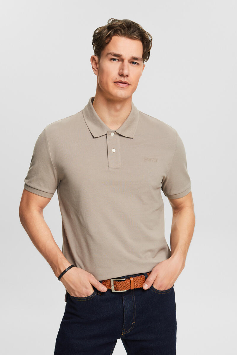 Рубашка-поло из хлопкового пике приталенного кроя с короткими рукавами Esprit, светло-бежевый цена и фото
