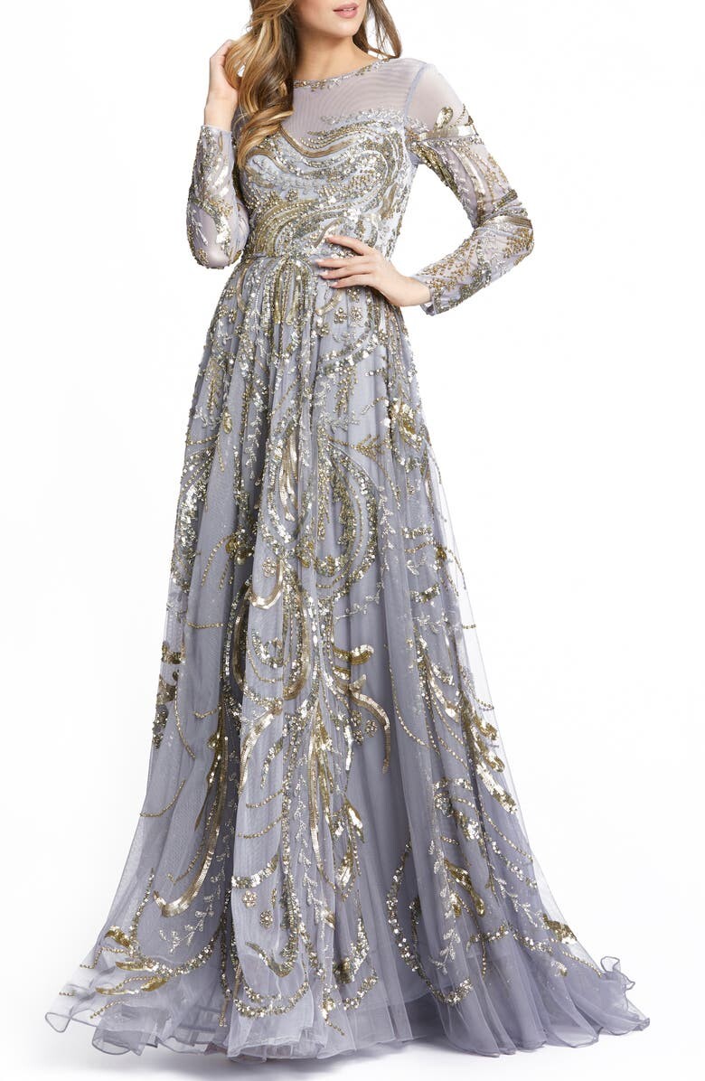 

Сетчатое платье с пайетками и длинными рукавами MAC DUGGAL