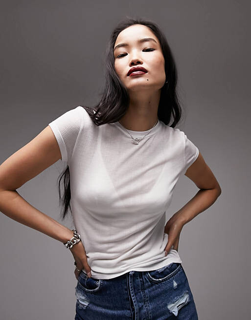 

Бежевая длинная повседневная футболка Topshop с прозрачными рубчиками на каждый день, Бежевый
