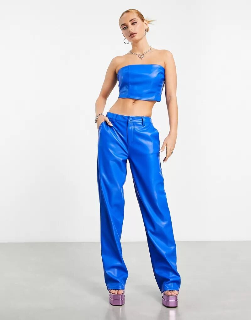 

Синие однотонные брюки прямого кроя из искусственной кожи ASOS