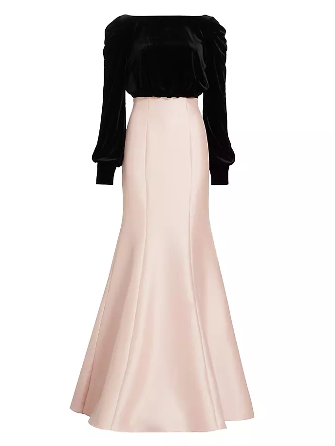 

Двухцветное бархатное платье с бантом на спине Badgley Mischka, черный