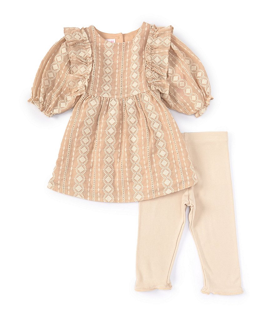 Bonnie Jean, льняное платье-сарафан с рукавами-фонариками и вышивкой для маленьких девочек 2–6 лет, комплект леггинсов-капри в рубчик, бежевый
