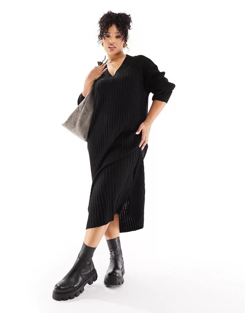 

Черное трикотажное платье макси в рубчик River Island