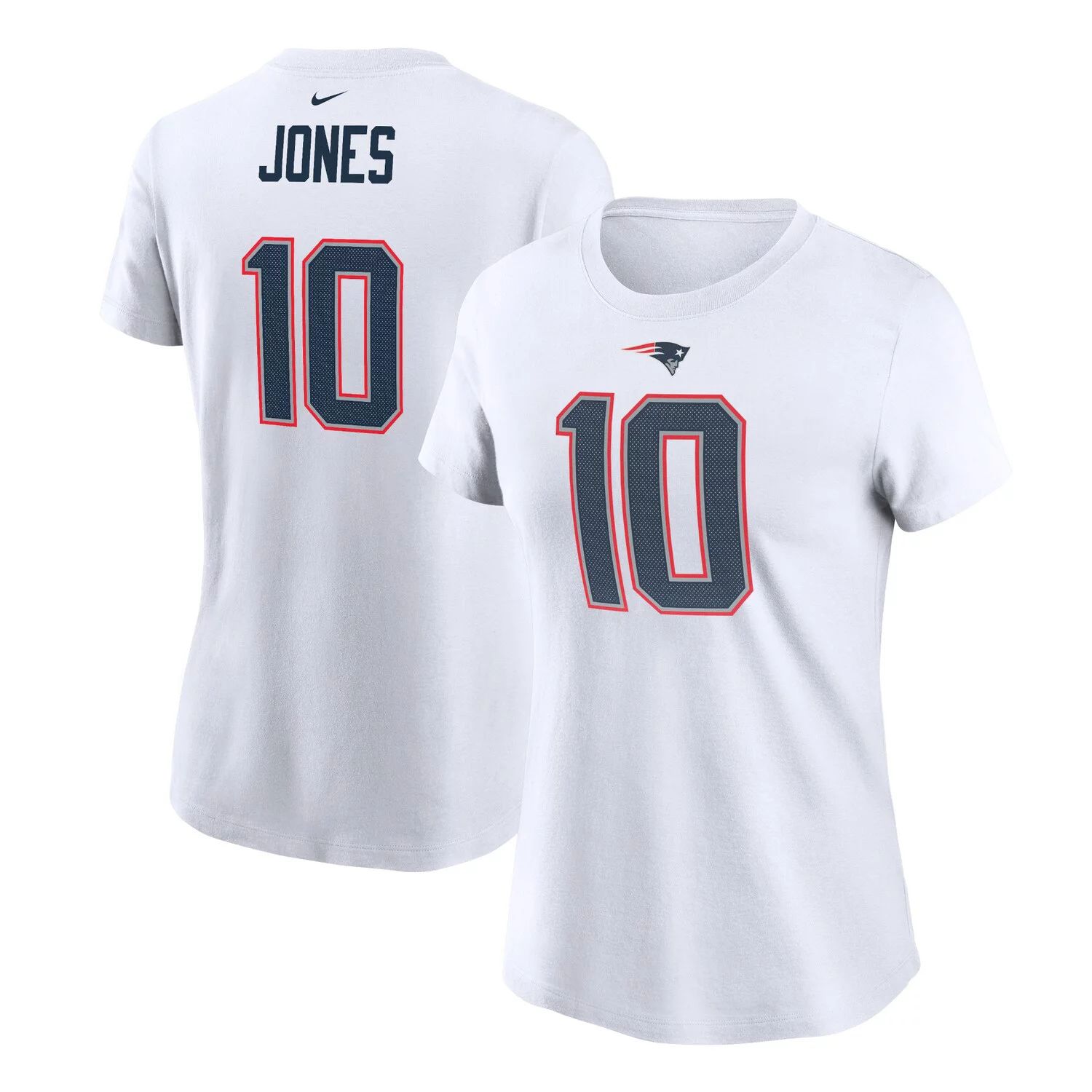 Женская белая футболка Nike Mac Jones New England Patriots с именем и номером игрока Nike