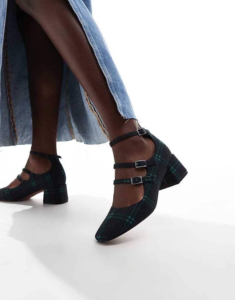 Зеленые туфли Мэри Джейн в клетку ASOS DESIGN Socco на среднем каблуке