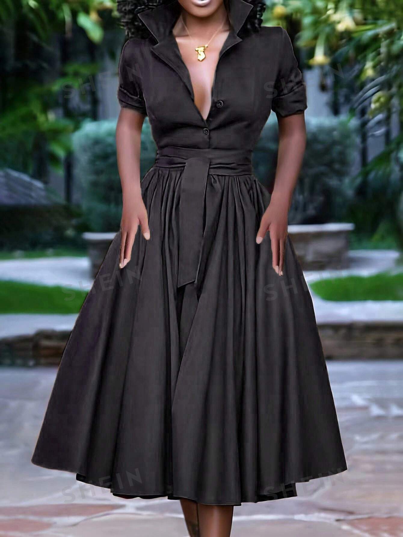 SHEIN Lady Женское платье с воротником и пуговицами до половины планки, черный