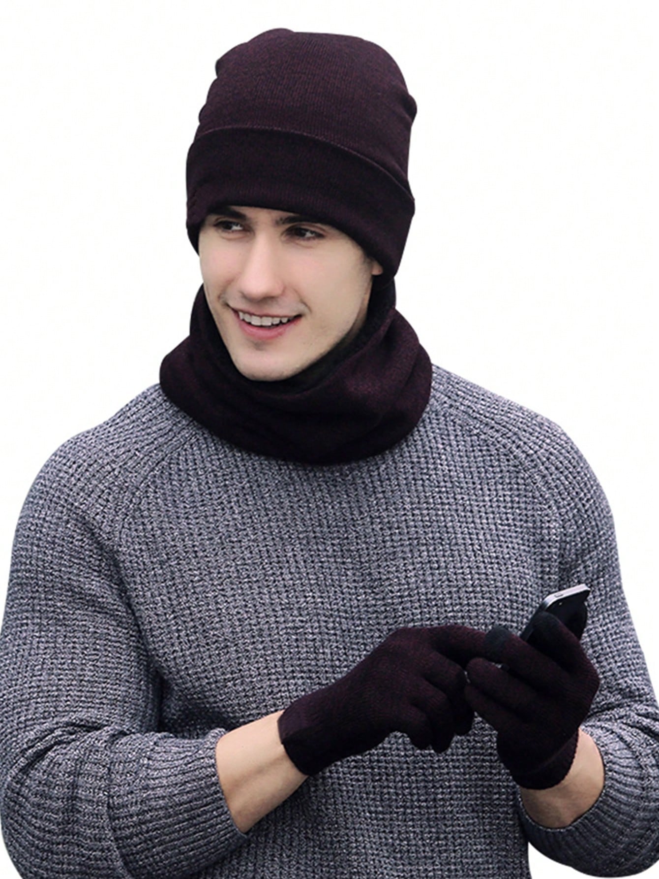 3 шт. однотонная вязаная шапка для взрослых, бургундия базовая шапка бини ctm комплект из шарфа и перчаток черный