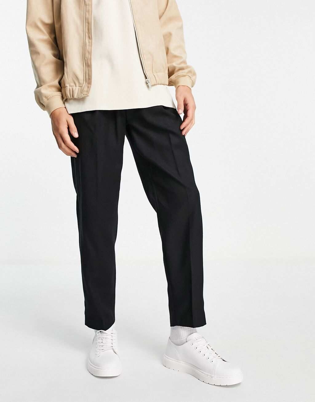 

Черные зауженные брюки из смесовой шерсти с эластичным поясом Topman, Черный