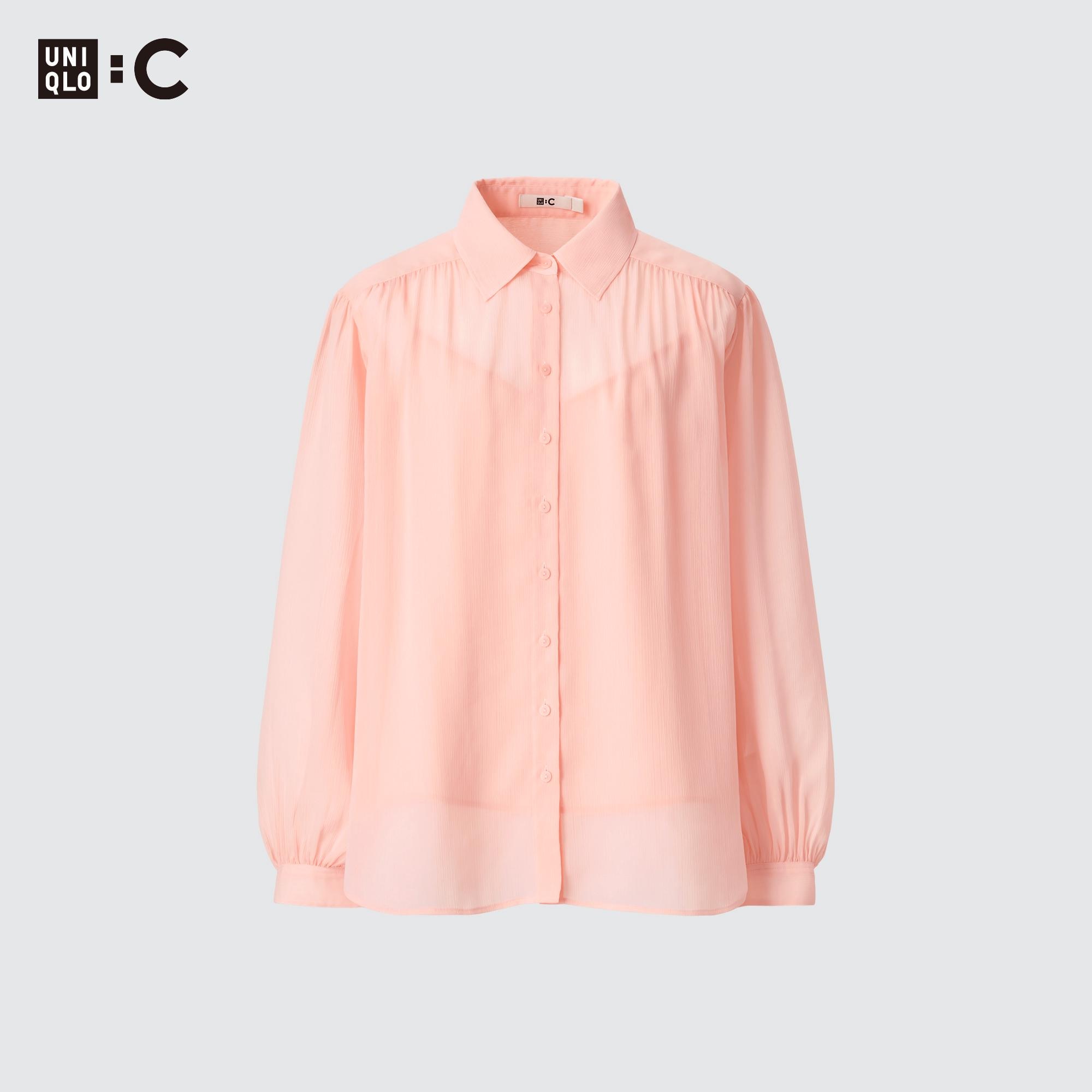 Блузка UNIQLO прозрачная с длинными рукавами, розовый