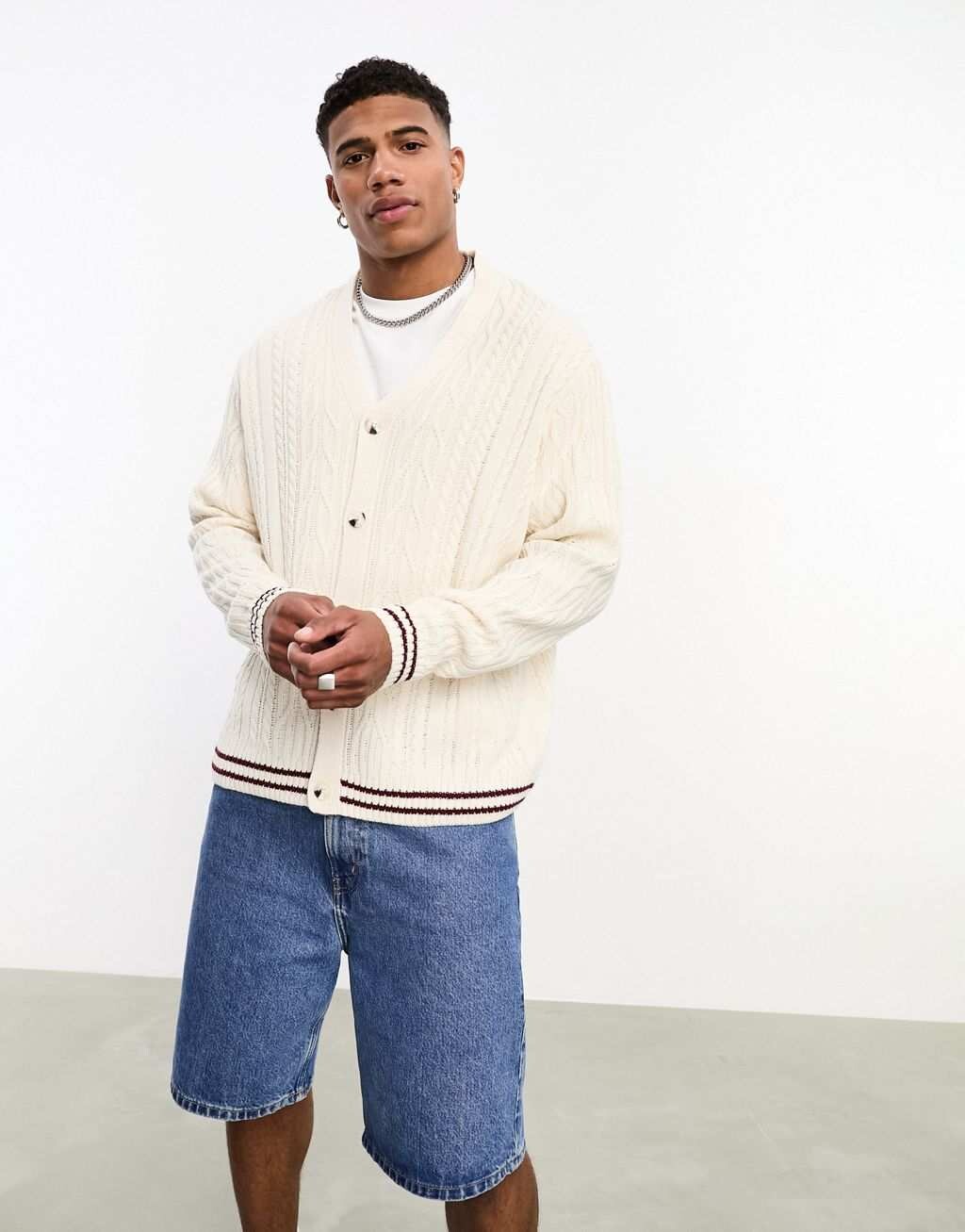 

Кремовый и бордовый кардиган вязанной вязки крикет ASOS DESIGN